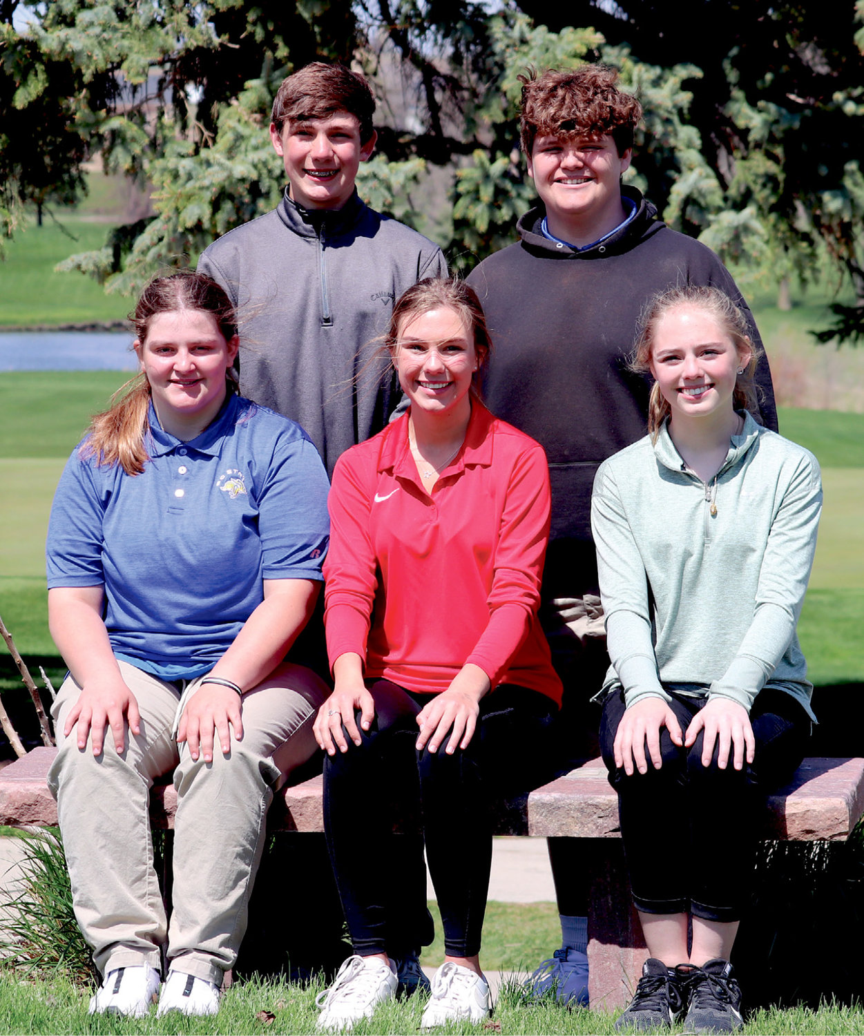 Varsity golfers representing Lake Preston at the DVC Tourney on Monday were Amelia Greene (seated left), Morgan Curd and Brooklyn Bothun.  Ben Curd (standing left) and Ryne Greene also competed.  Lone medalist was Morgan Curd with 12th place