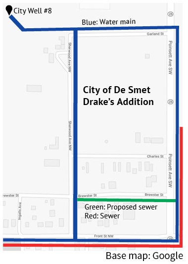 Residents in Drake’s Addition have been asking for access to water and sewer utilities. Current water lines are marked in blue, with current sewer lines marked in red. A planned expansion of the sewer line into the addition would run down Brewster Street from Highway 25 to Sherwood Avenue and is marked as the green line. Estimated cost to install the line is around $60,000. The city’s engineer, Shane Waterman, is drawing up the plans for the project, and the city is looking for a contractor to install the improvements before the ground freezes.