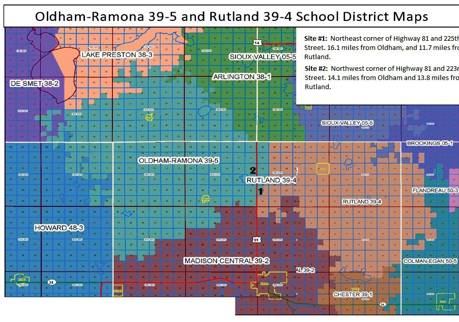A map showing the Oldham-Ramona and Rutland School Districts. The districts are exploring the possibilities of consolidation. If a consolidation occurs, and if voters approve a bond for a new school, two potential sites for the new school are site #1 at 225th Street and site #2 at 223rd Street along Highway 81.