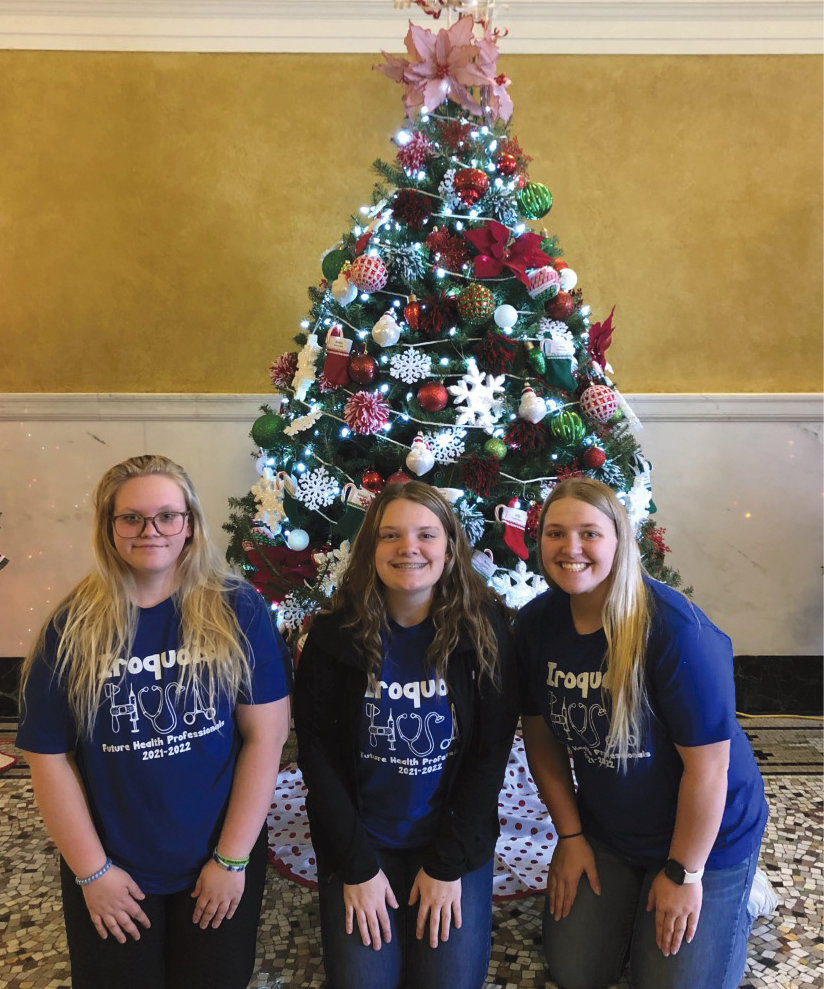 This year, the Iroquois HOSA Chapter was chosen to decorate a Christmas tree at the Capitol in Pierre. HOSA officers Skylar Owens, Lily Blue and Kaylee Morehead decorated the tree according to the theme throughout the Capitol of "Warm Winter Wishes."