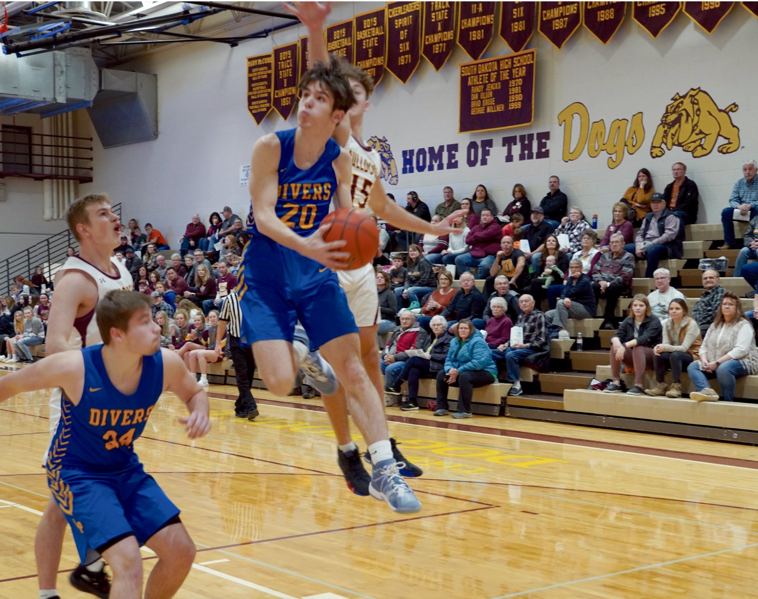 Lake Preston Diver Josh McMasters (20) goes airborne at Thursday night’s game against the De Smet Bulldogs in the Dog Pound. McMasters led the Divers in scoring with nine points.