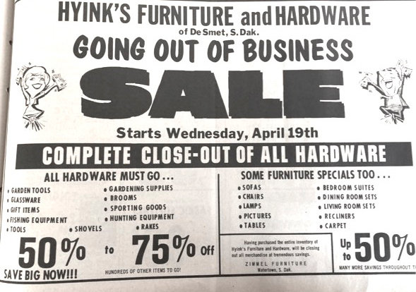 FIFTY YEARS AGO: A 1972 advertisement for Hyink’s Furniture and Hardware announces a closeout on all hardware items.