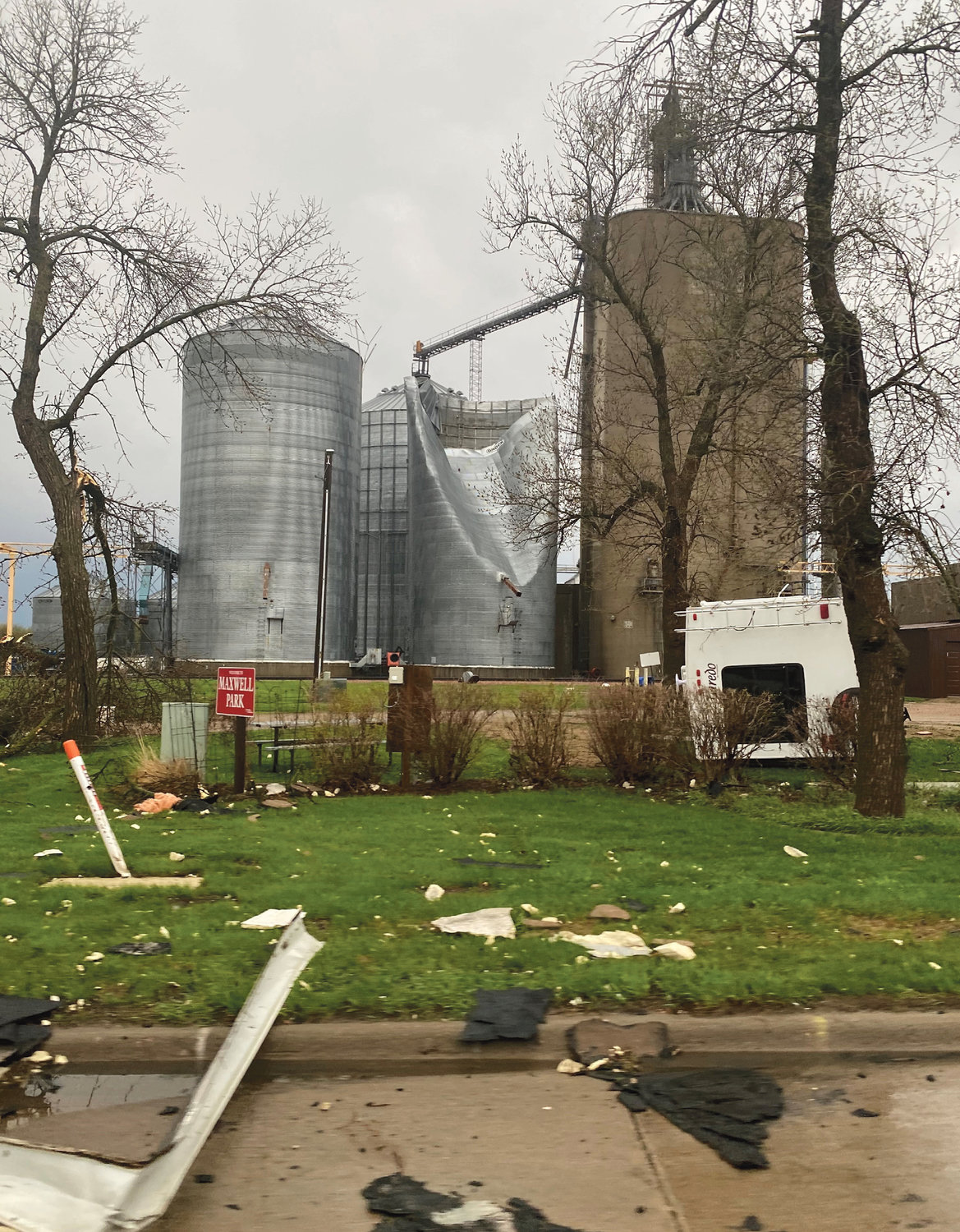 The east side of Kingsbury County sustained the heaviest damage in Thursday's derecho. In Arlington, the storm damaged a grain bin, overturned a camper trailer, and spread debris.