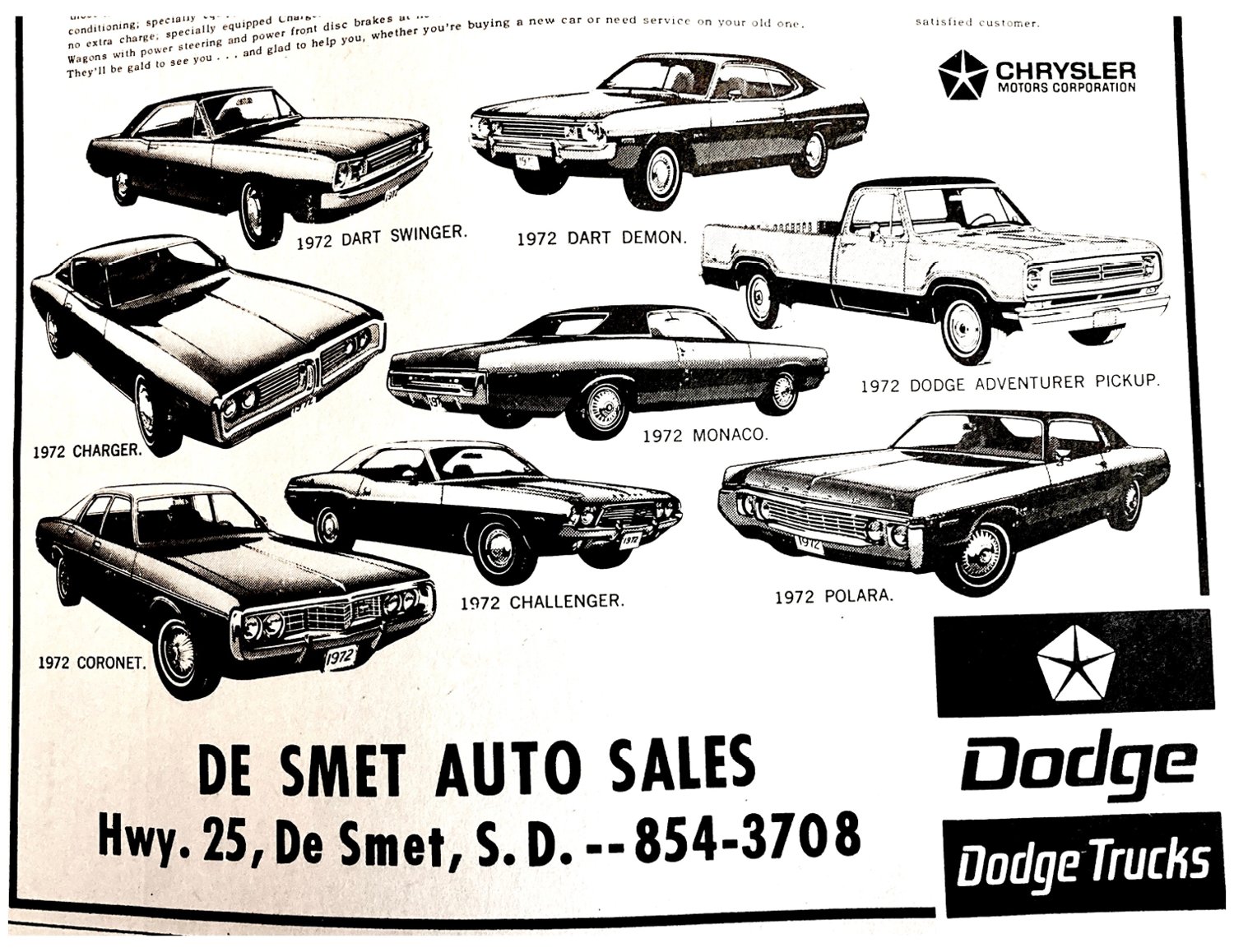 FIFTY YEARS AGO: These are some of the Dodge autos available in 1972 when Glenn Iverson opened De Smet Auto Sales.