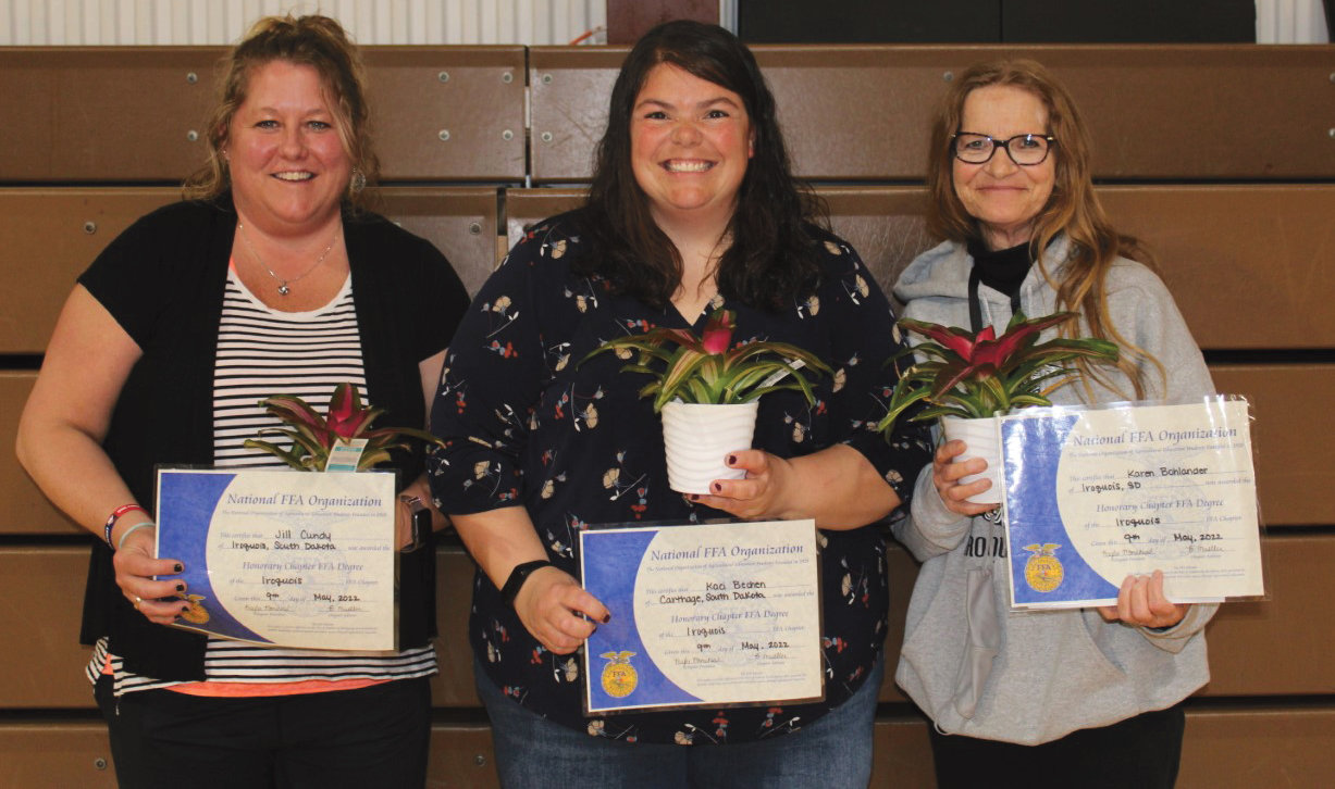 The Honorary Chapter Degree was given to Jill Cundy, left, Kaci Bechen, Karen Bohlander for their outstanding efforts in helping our FFA Chapter grow and function.