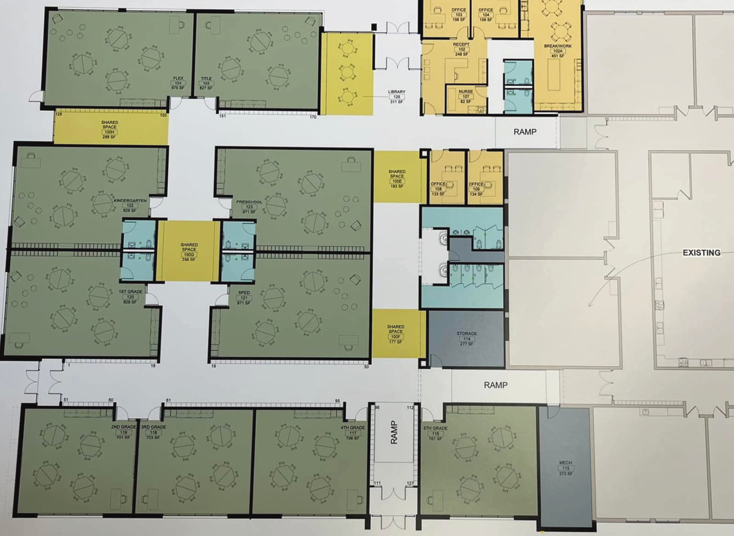 The floorplan of the proposed elementary includes ten classrooms as well as office space, bathroom and a library.