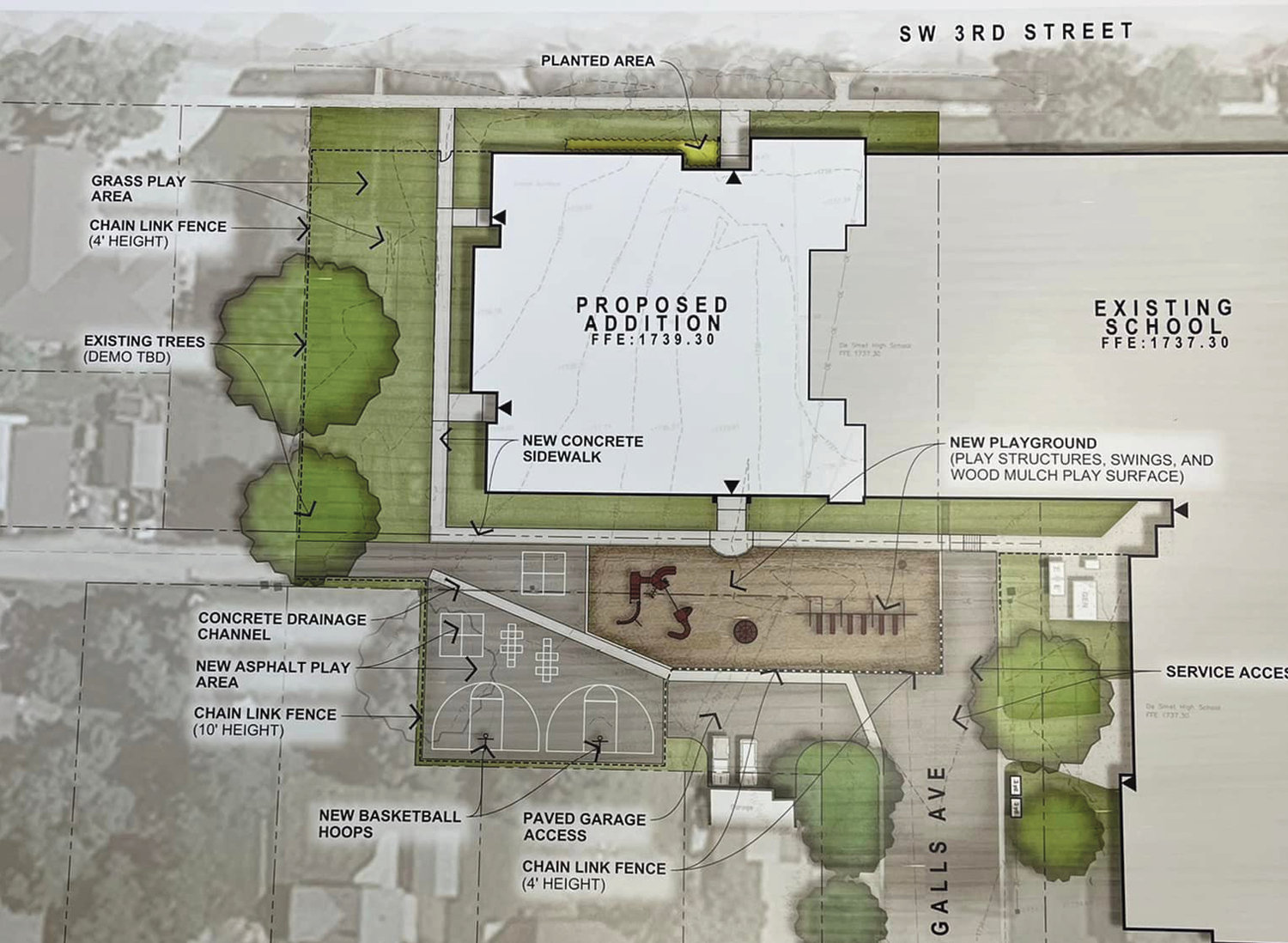 The structure is proposed as an addition on the west side of the existing high school campus.