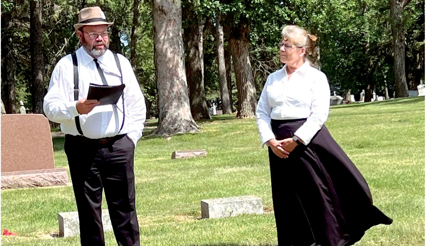 Mike Siefker, left, and Marlys Larson play Aubrey and Laura Sherwood during the Cemetery Tours that happened every Saturday of the pageant grounds. They were well attended and people seemed to really enjoy them.