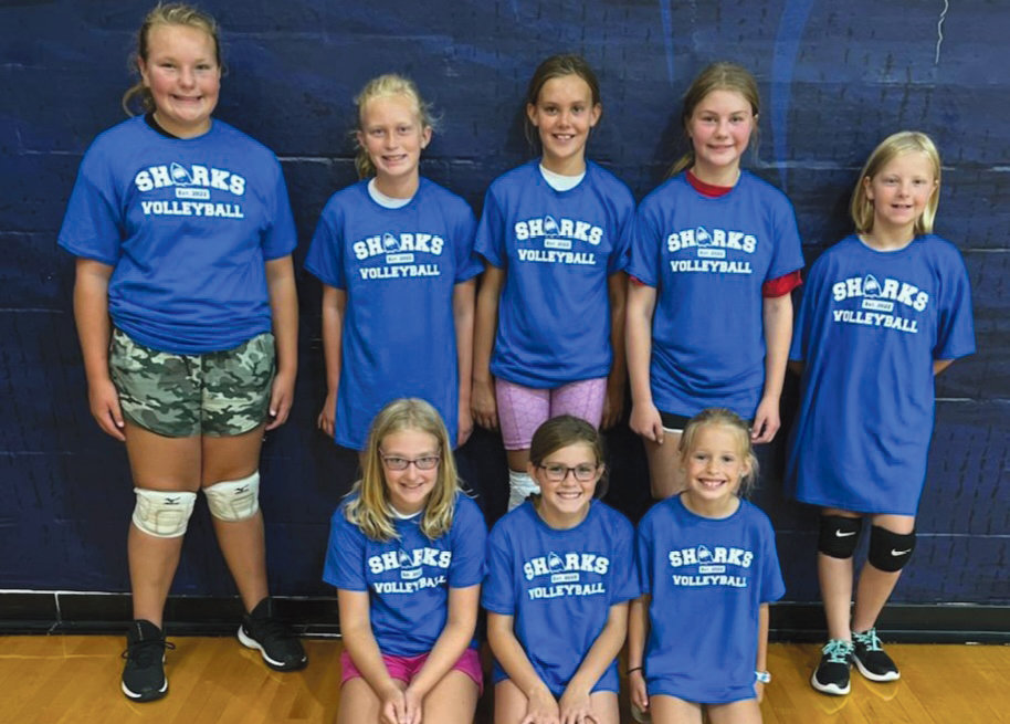 Little Sharks volleyball camp, a fundraiser for the high school volleyball team, was held July 25-27 in Lake Preston. The Little Sharks got to work with coaches Heidi Stroud, Tegan Olson and Madi Nelson, along with Lake Preston High School volleyball players. Left: Grades 4-6 girls include Bentlee Holt, back left, Paisley Olson, Khloe Olson, Allie Curd, Kassidy Hesse; Kiraley Johnson, front left, Mya McCloud and Charlie DeKnikker. Right: Grades 1-3 girls attending the camp were Landry Eschenbaum, back left, Aubrey Von Behren, Cambree Holt, Kinzlee Olson, Madi Casper; Grace Pietig, front left, Brooklyn Anderson, Harper Hill, Everly Paul, McKenzie Wendel and Jailey Tolzin.