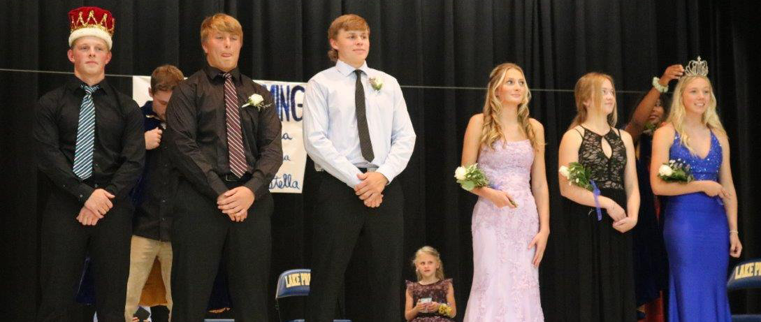 The Lake Preston senior candidates for Homecoming King and Queen during the crowning moment of coronation on Monday night. Pictured from the left are king candidates Jake Larsen, Jonah Denison and Riley Casper, along with the queen candidates Stella DeKnikker, Gretta Larson and Ava Malone.