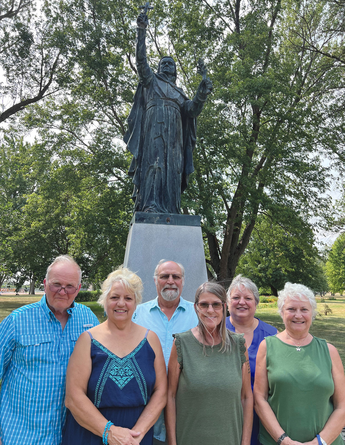Father De Smet descendants from Minnesota enjoyed a family reunion and many activities in De Smet. In front of the Father De Smet statue in Washington Park are Butch and Margie Dahl, left, Jerry and Mary DeSmet, Joan Hennen and Susie Paul.